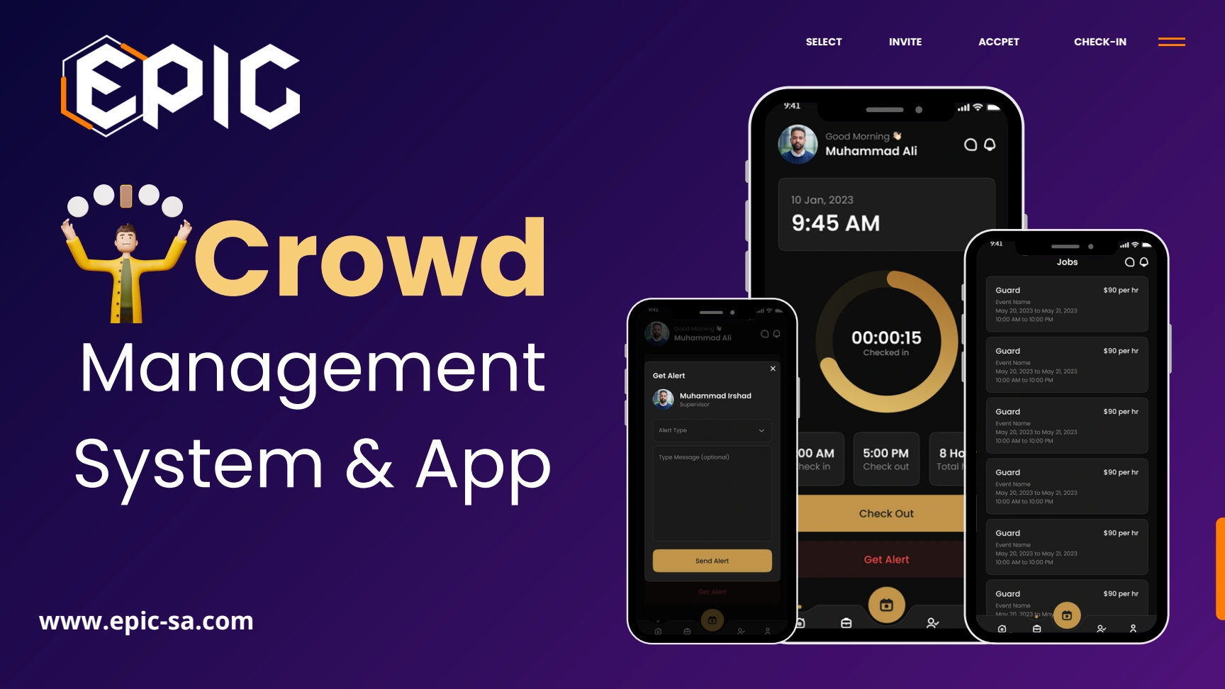 EPIC crowd management app screens