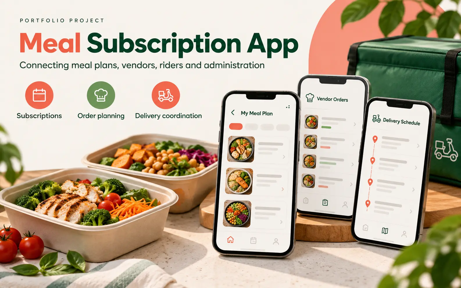 Concept artwork for meal planning, vendor orders and delivery coordination