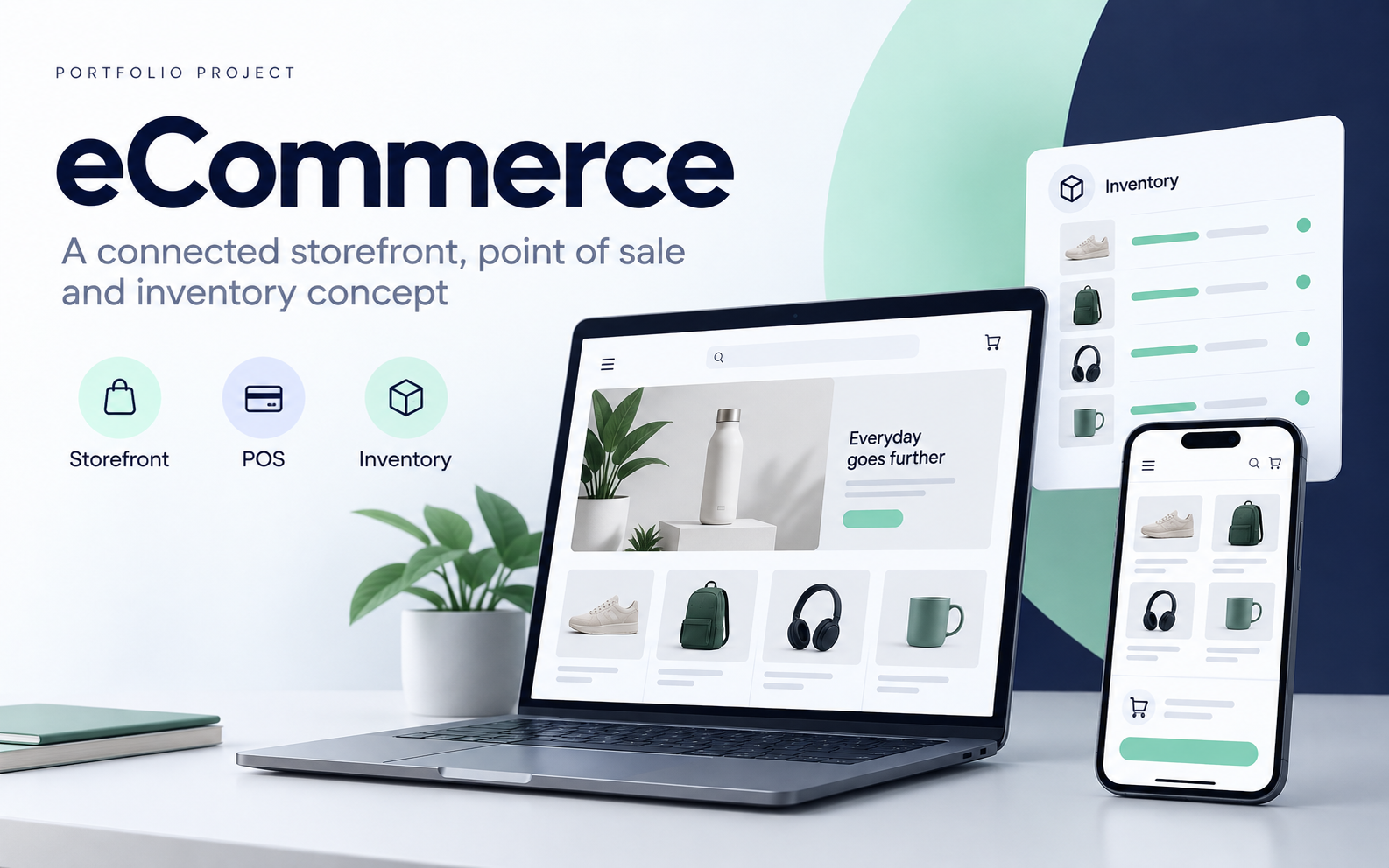 Concept artwork of a storefront, point-of-sale and inventory view