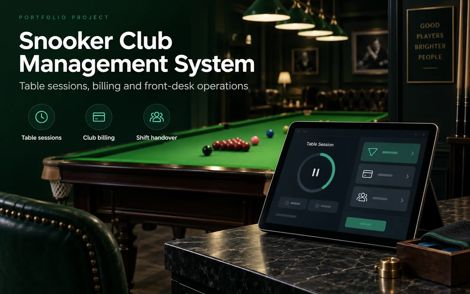Concept artwork for snooker club sessions and front-desk operations