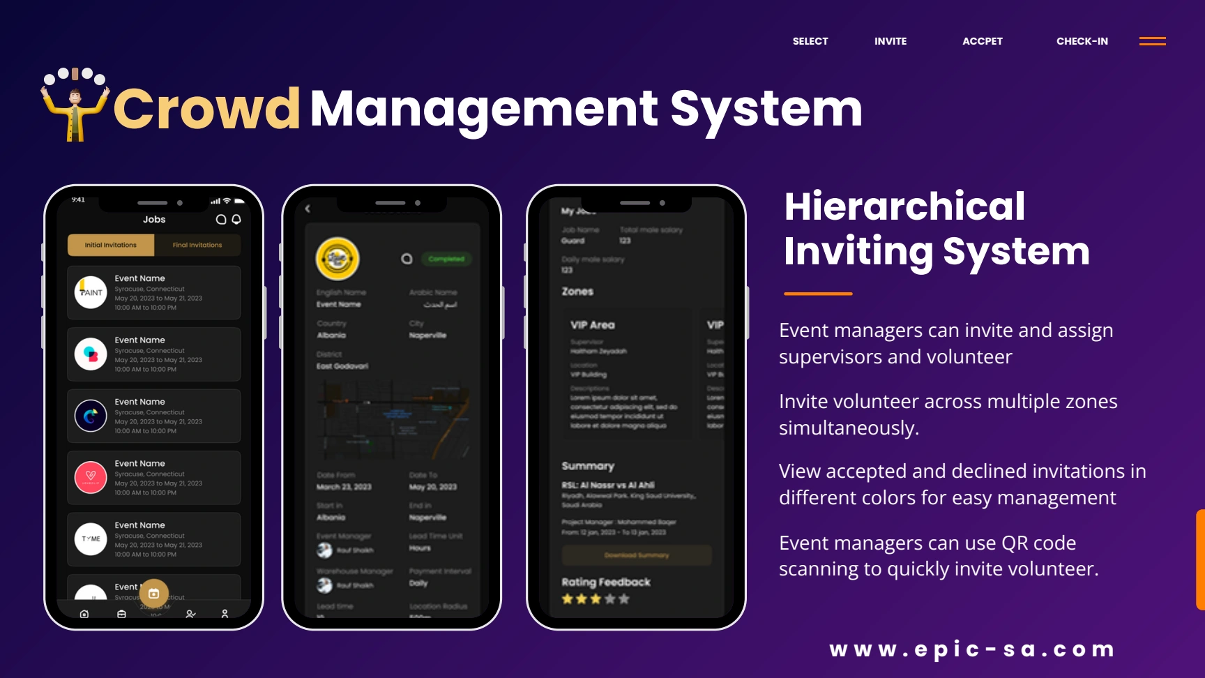 EPIC invitation and event coordination screens