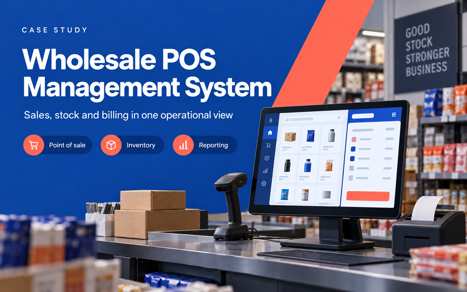 Concept artwork of a point-of-sale counter screen beside stock and reporting views